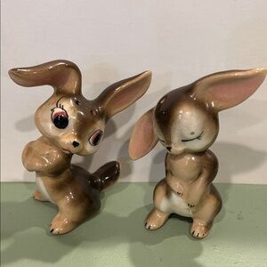 Charming vintage Brown Ceramic Bunny Figurine salt and pepper shakers